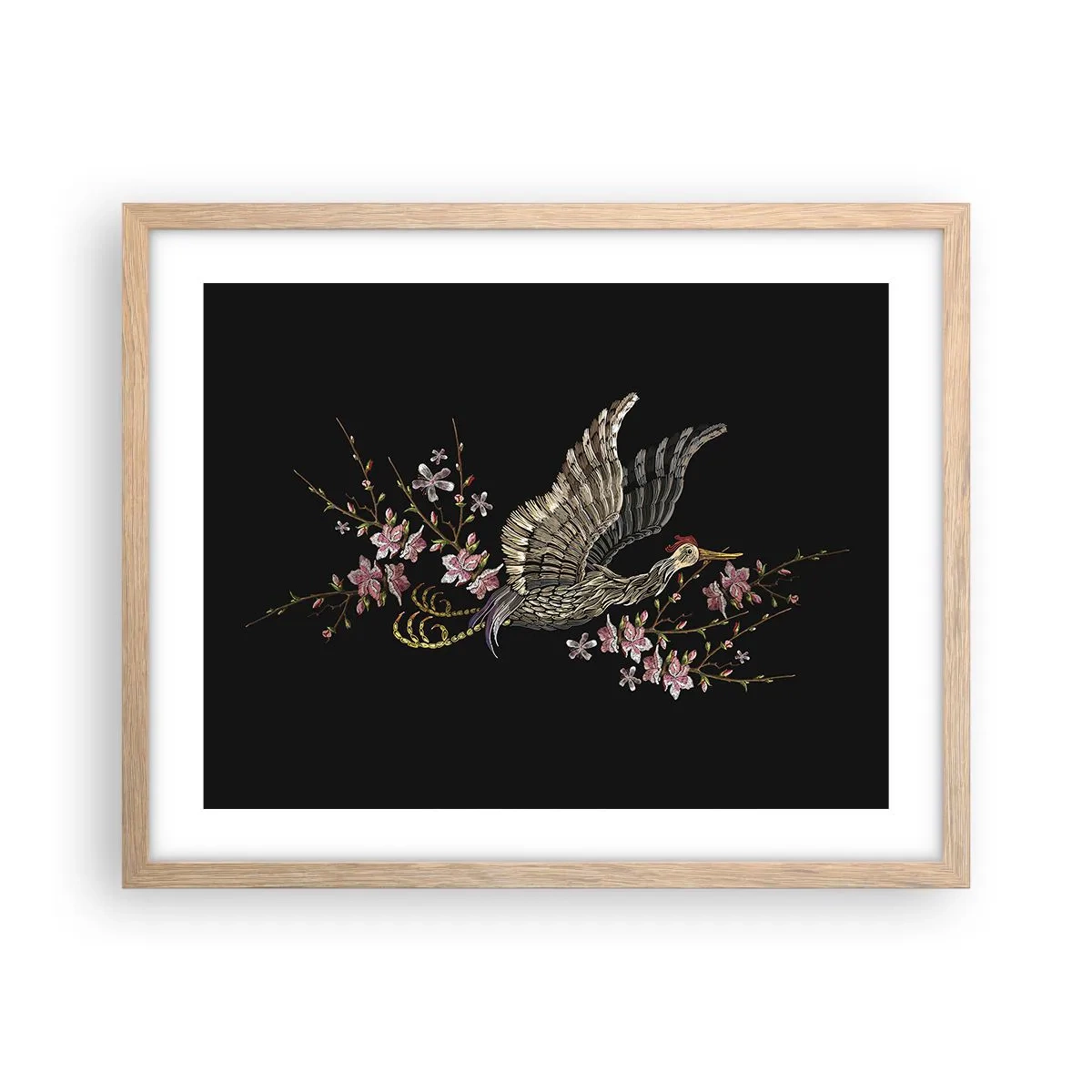 Plakat i ramme af lyst egetræ - Eksotisk broderet fugl - 50x40 cm