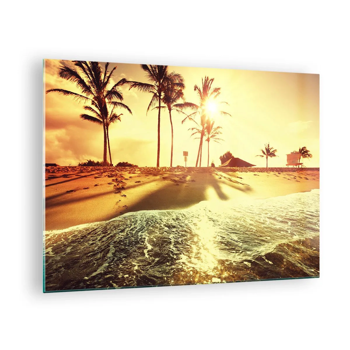 Billede på glas - Gylden strand med palmer ved solnedgang og et roligt hav - 70x50cm - Eftermiddag i Californien - Moderne vægdekoration til stue og soveværelse ARTTOR