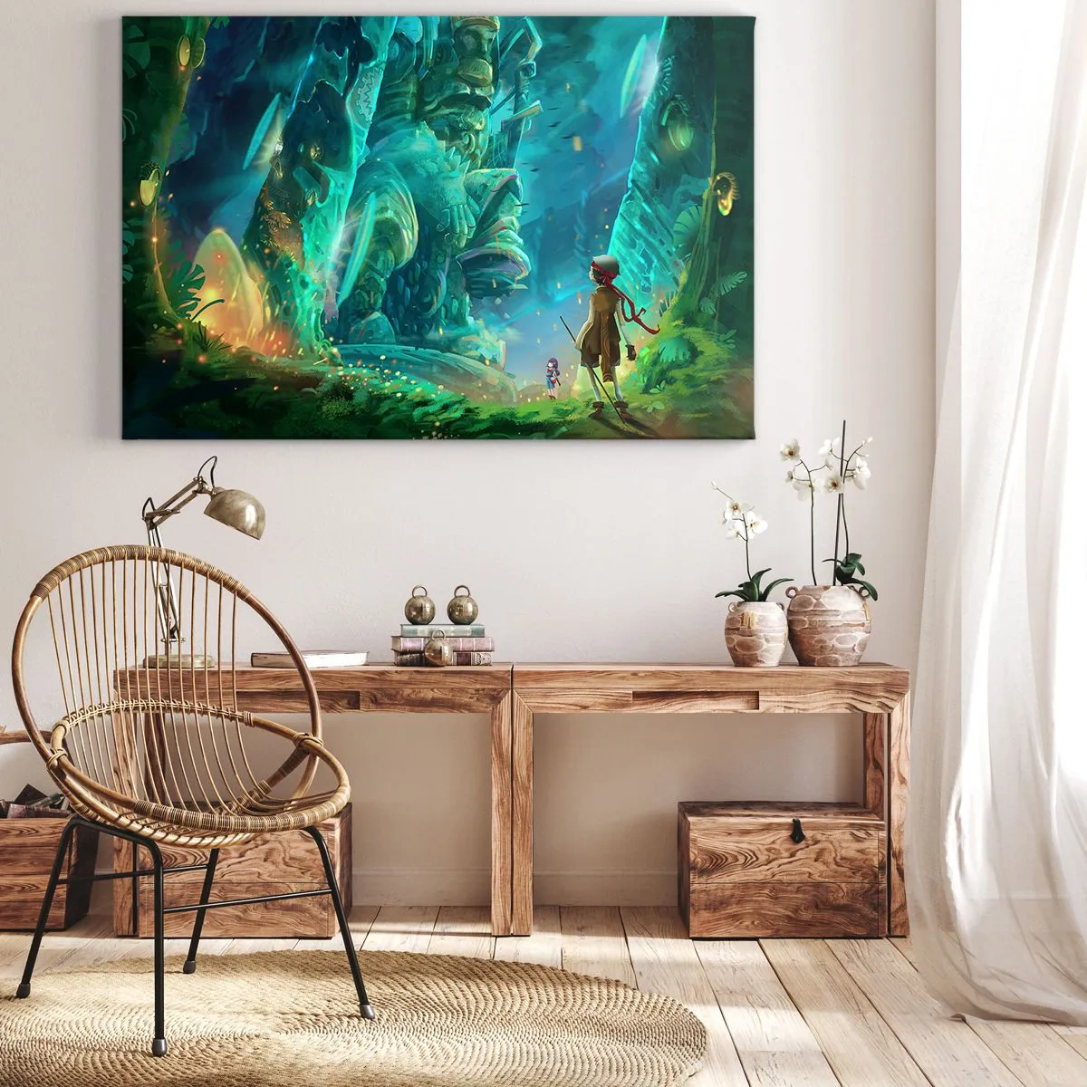 Lærredstryk - Billede på lærred - Magisk skov med en opdagelsesrejsendefigur - 70x50cm - Fra den store eventyrbog - Moderne vægdekoration til stue og soveværelse ARTTOR