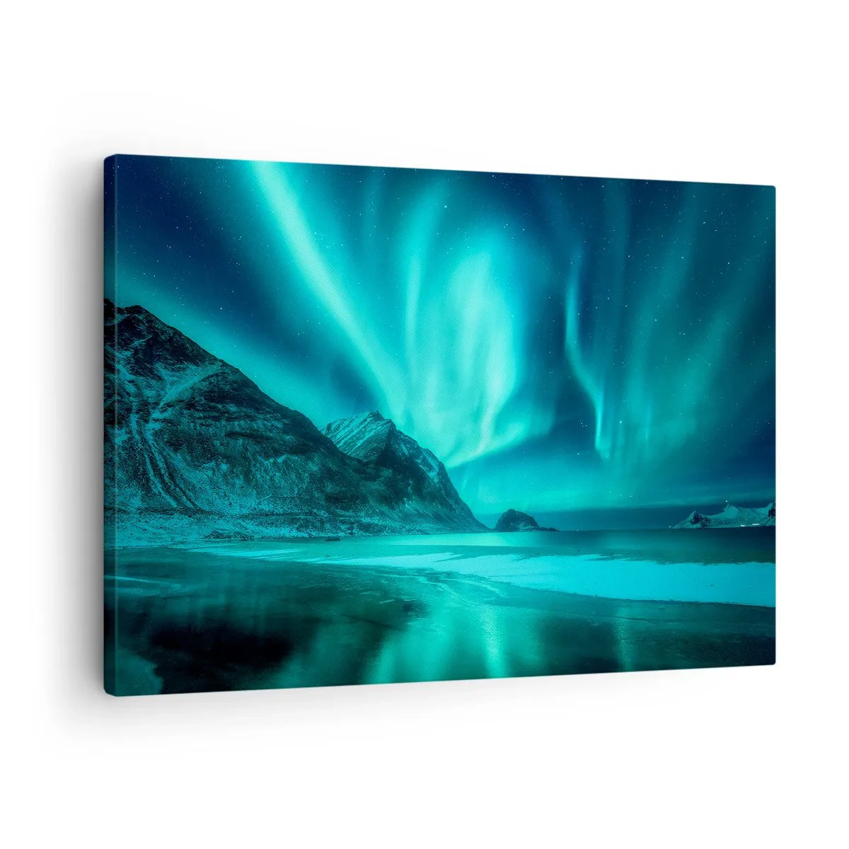 Lærredstryk - Billede på lærred - Aurora Borealis over et bjergrigt vinterlandskab - 70x50cm - Nordens vidundere - Moderne vægdekoration til stue og soveværelse ARTTOR