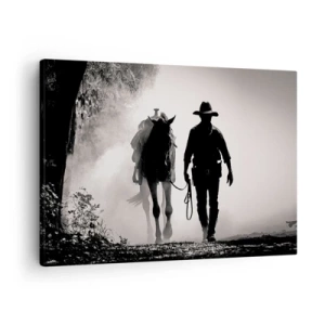 Lærredstryk - Billede på lærred - Cowboy med hest i morgentågen - 70x50cm - En morgen i Texas - Moderne vægdekoration til stue og soveværelse ARTTOR