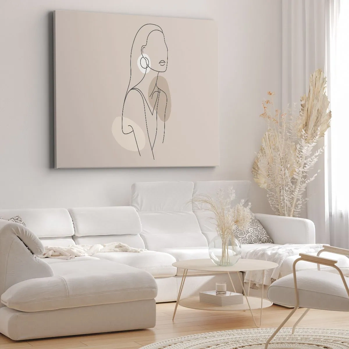 Lærredstryk - Billede på lærred - Minimalistisk illustration af en kvinde med konturer på en beige baggrund - 70x50cm - Et ikon for pigelivet - Moderne vægdekoration til stue og soveværelse ARTTOR