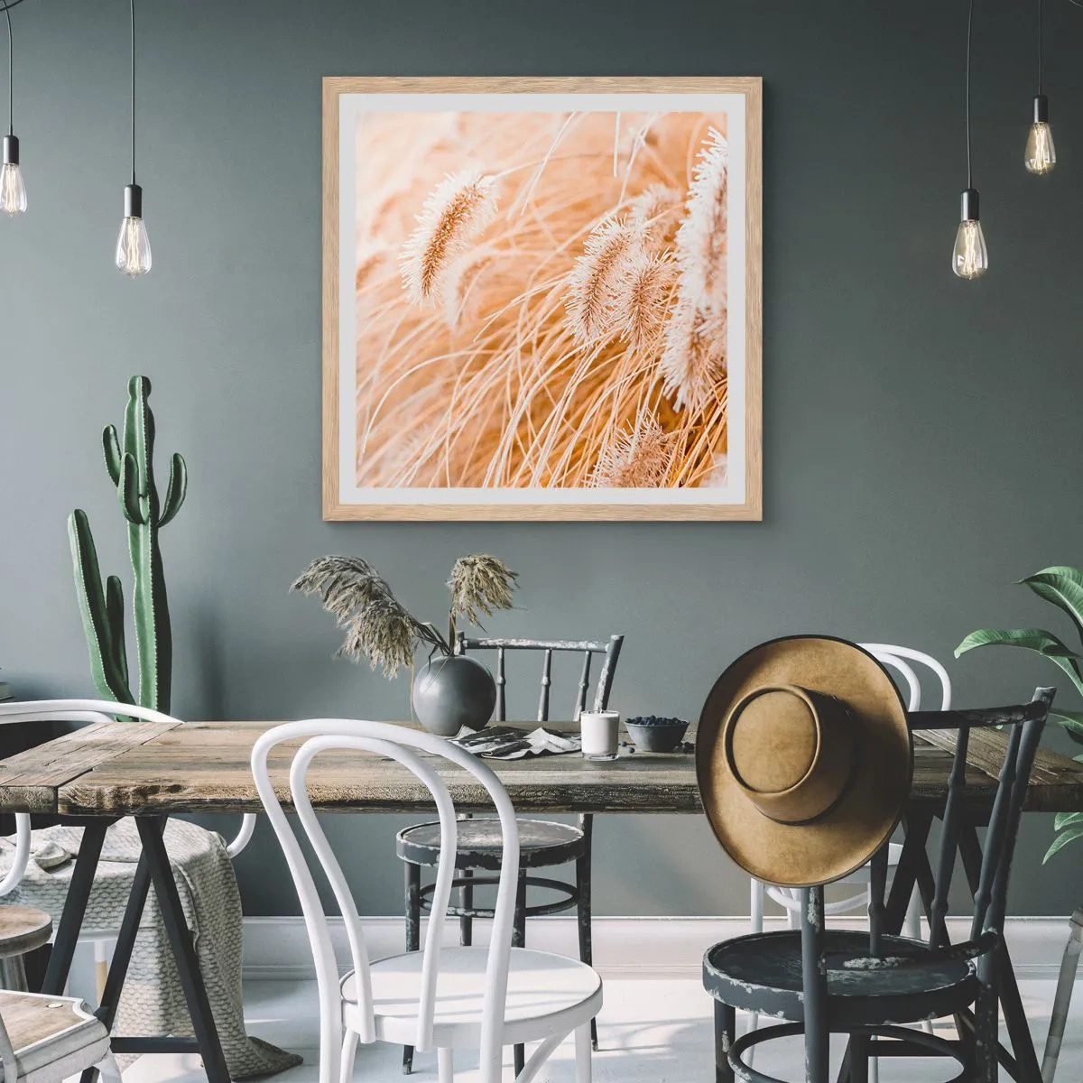 Plakat i ramme af lyst egetræ - Gyldent susen af græsser - 50x50 cm