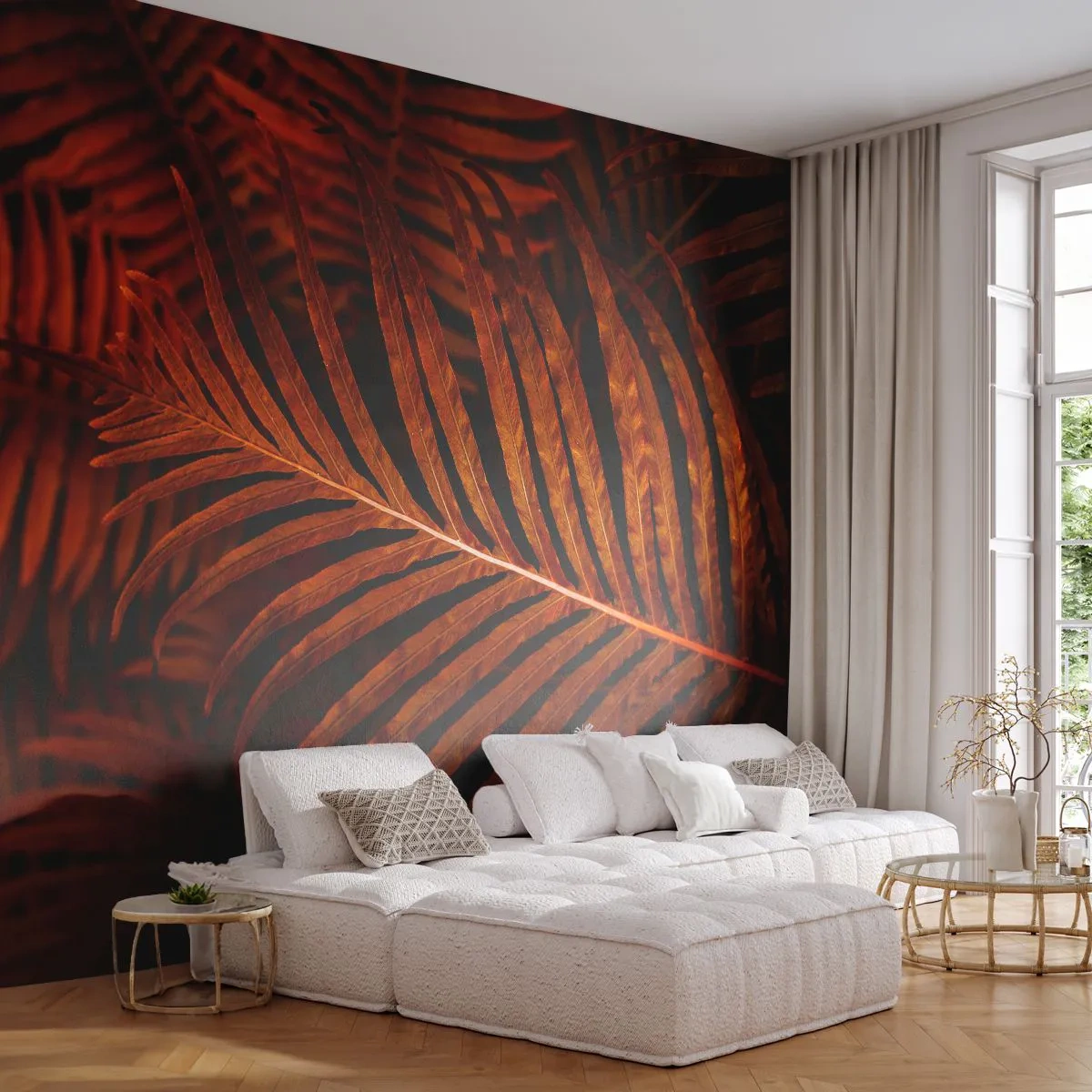 Fototapet Premium Canvas - Livets varme - Abstraktion, Palmeblade, Tropisk plante - 250x175 cm