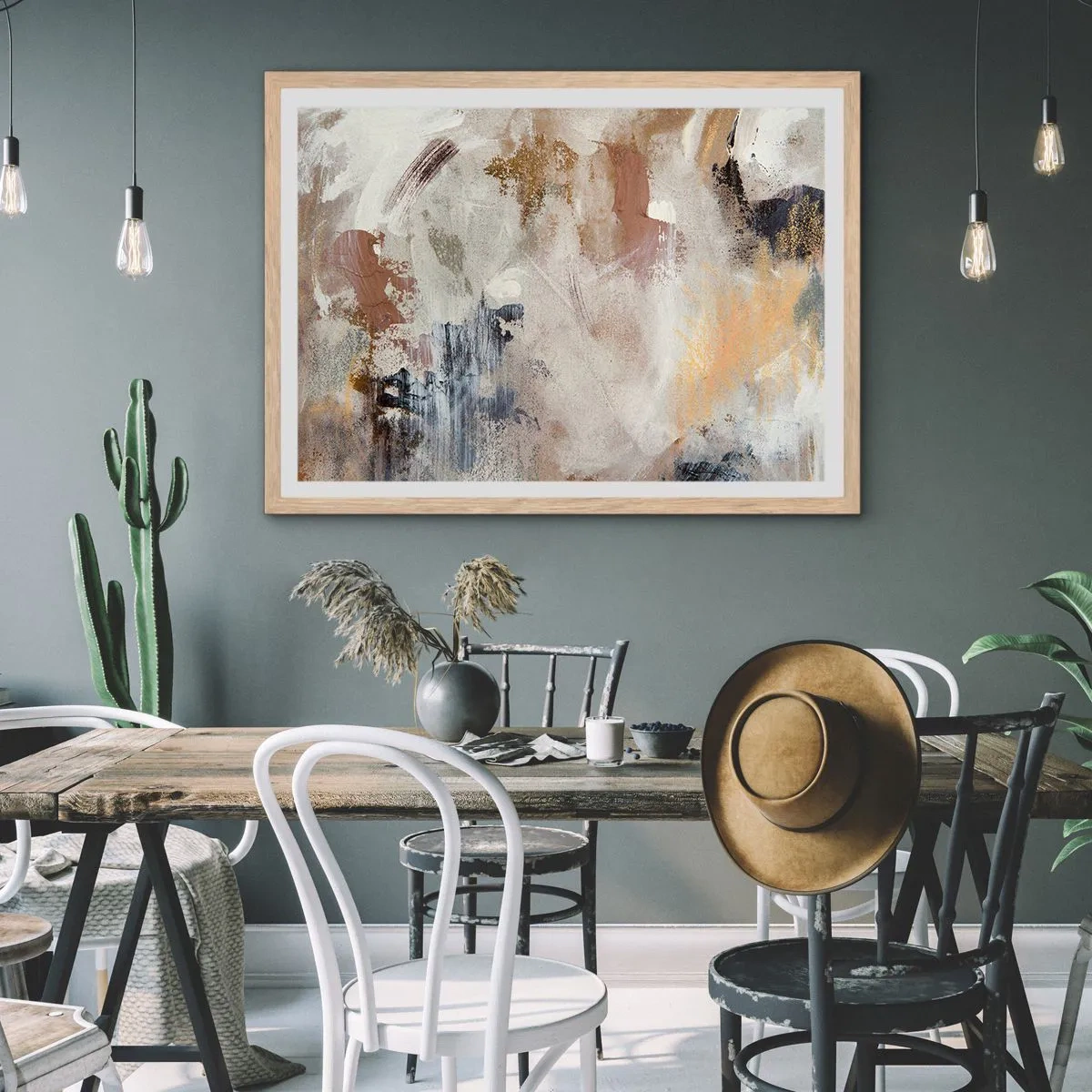 Plakat i ramme af lyst egetræ - Tågeagtig abstraktion - 70x50 cm