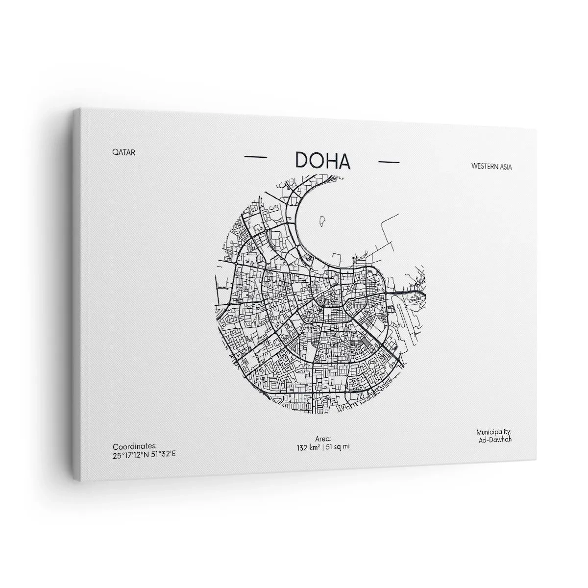 Lærredstryk - Billede på lærred - Et minimalistisk kort over Doha i sort-hvid med præcise detaljer. - 70x50cm - Dohas anatomi - Moderne vægdekoration til stue og soveværelse ARTTOR