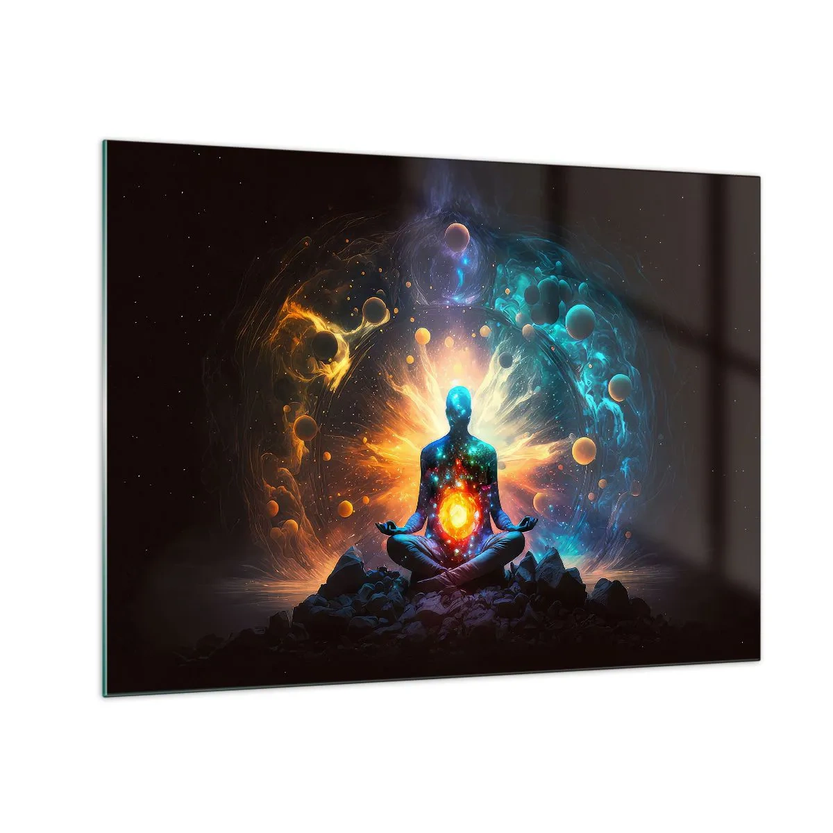 Billede på glas - En mediterende silhuet i en kosmisk eksplosion af farver - 70x50cm - Kosmisk ro - Moderne vægdekoration til stue og soveværelse ARTTOR