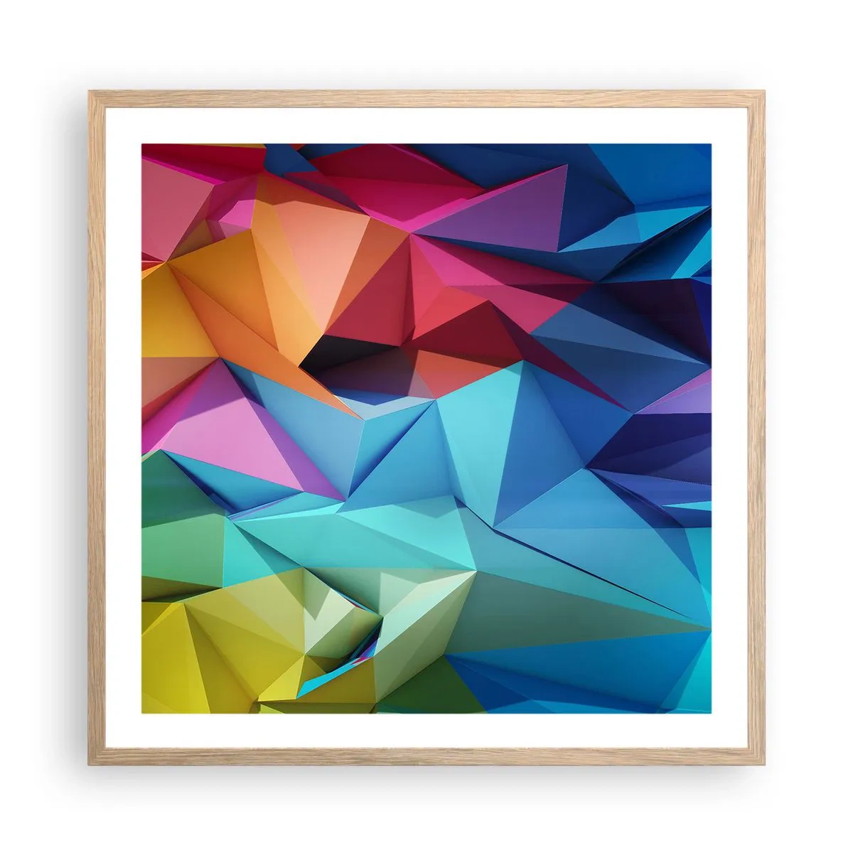 Plakat i ramme af lyst egetræ - Regnbue origami - 60x60 cm