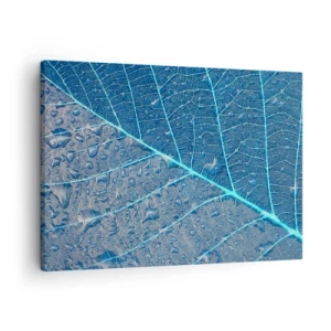 Lærredstryk - Billede på lærred - Et blad i blå nuancer med vanddråber - 70x50cm - Livet i det blå - Moderne vægdekoration til stue og soveværelse ARTTOR