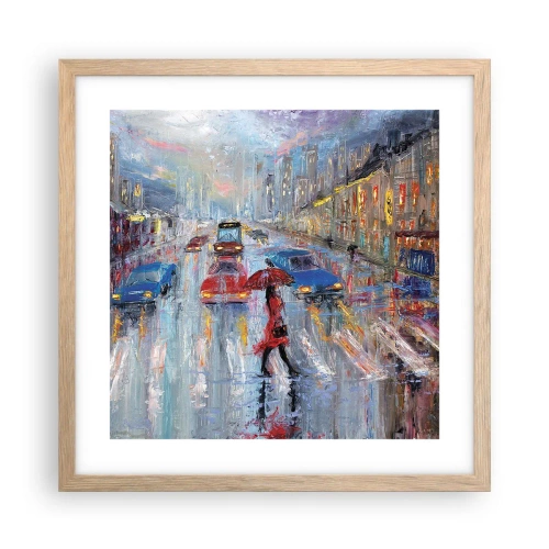Plakat i ramme af lyst egetræ - Regnfuld eftermiddag i byen - 40x40 cm