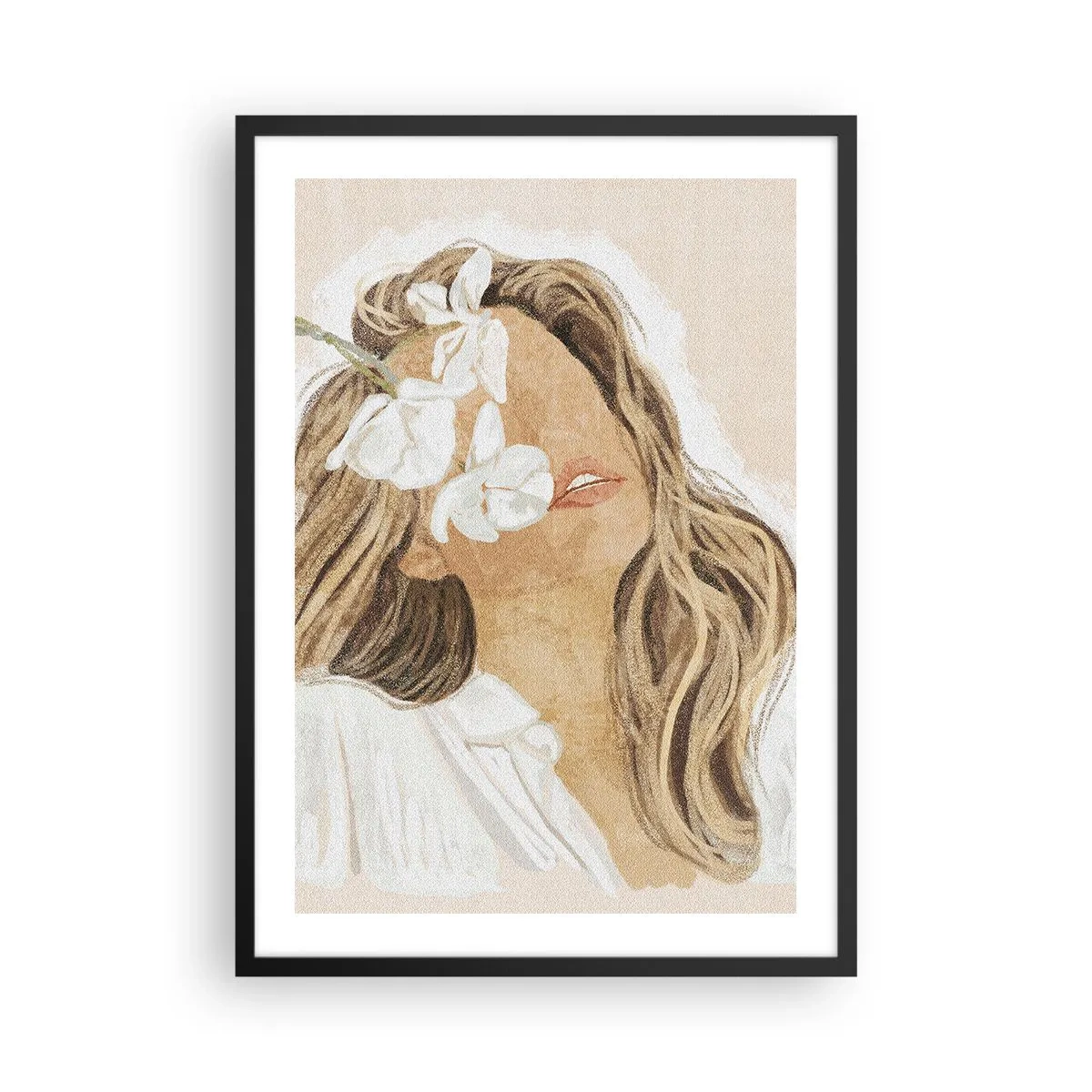 Plakat i sort ramme - Portræt af en kvinde med blomster, der dækker hendes ansigt - 50x70cm - Blandt blomsterne i jubel - Moderne vægdekoration til stue og soveværelse ARTTOR