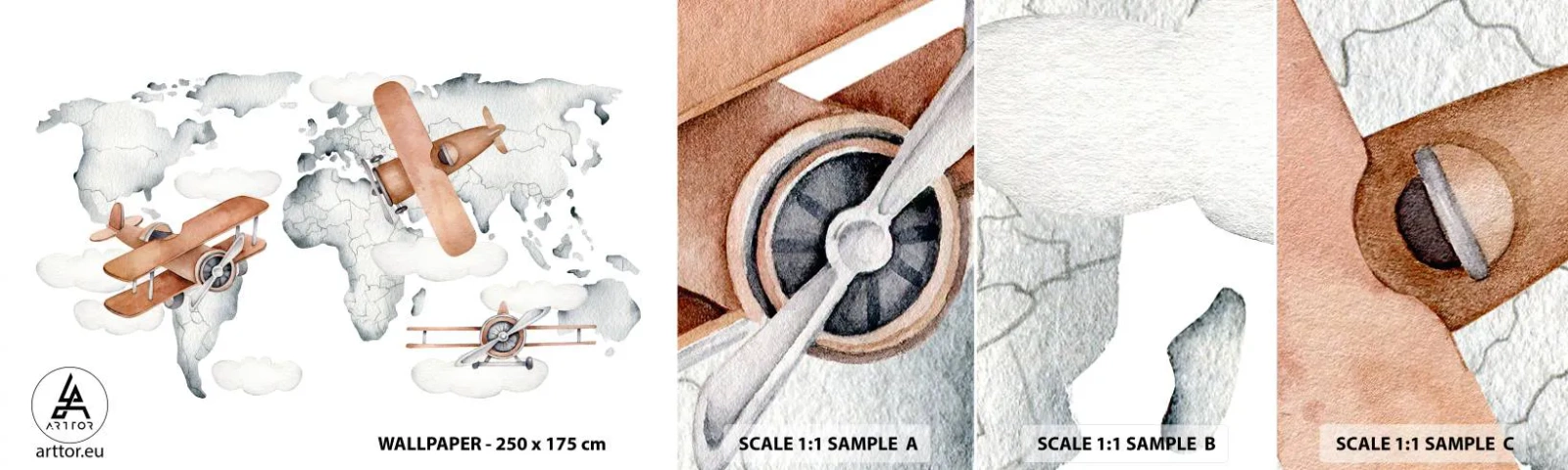 Fototapet Prøve Standard Eco - I den banebrydende ånd - Verdenskort, Flyvemaskiner, Børns - 100x30 cm
