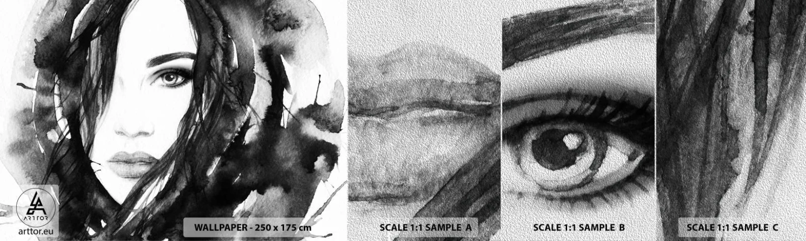 Prøve Fototapet Premium Sand - Portræt af en dame i sort og hvidt - Abstraktion, Kvindens ansigt, Portræt - 100x30 cm