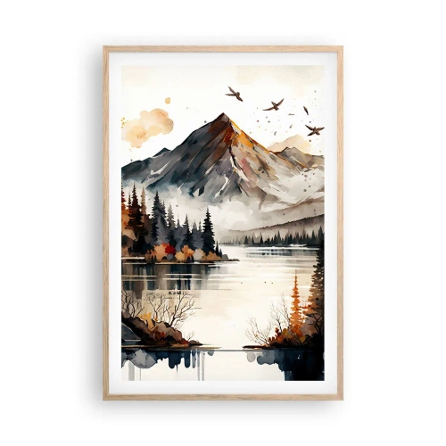 Plakat i ramme af lyst egetræ - Gyldent efterår i bjergene - 61x91 cm