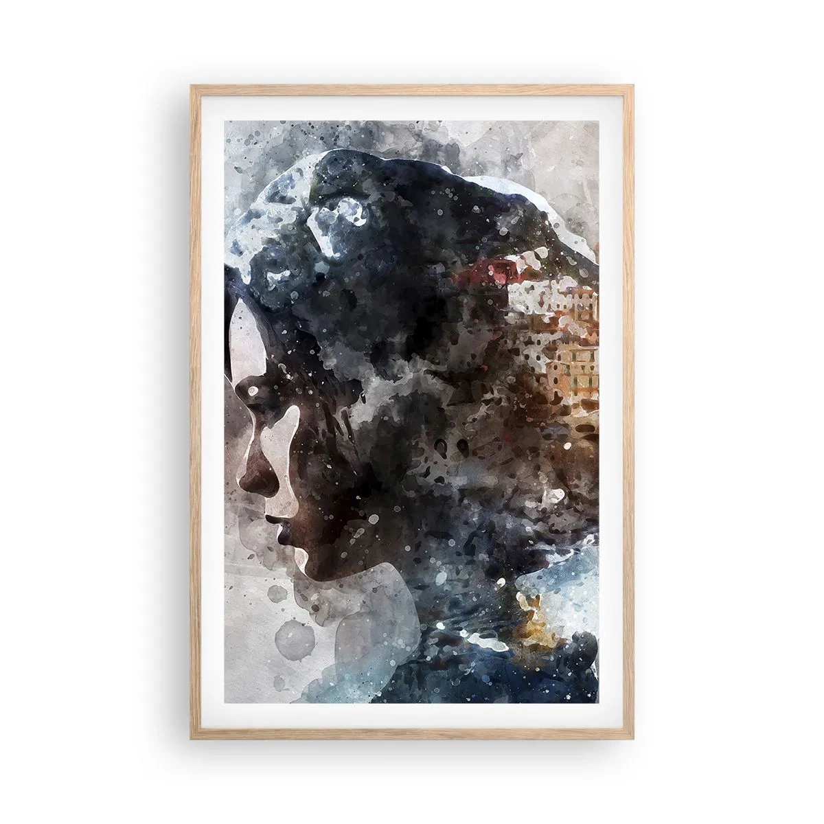 Plakat i ramme af lyst egetræ - Historien om en pige med en by i baggrunden - 61x91 cm