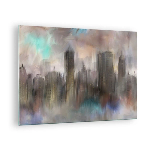 Billede på glas - Abstrakt billede af en by med skyskrabere - 70x50cm - En sammensætning af stål, sten og tåge - Moderne vægdekoration til stue og soveværelse ARTTOR