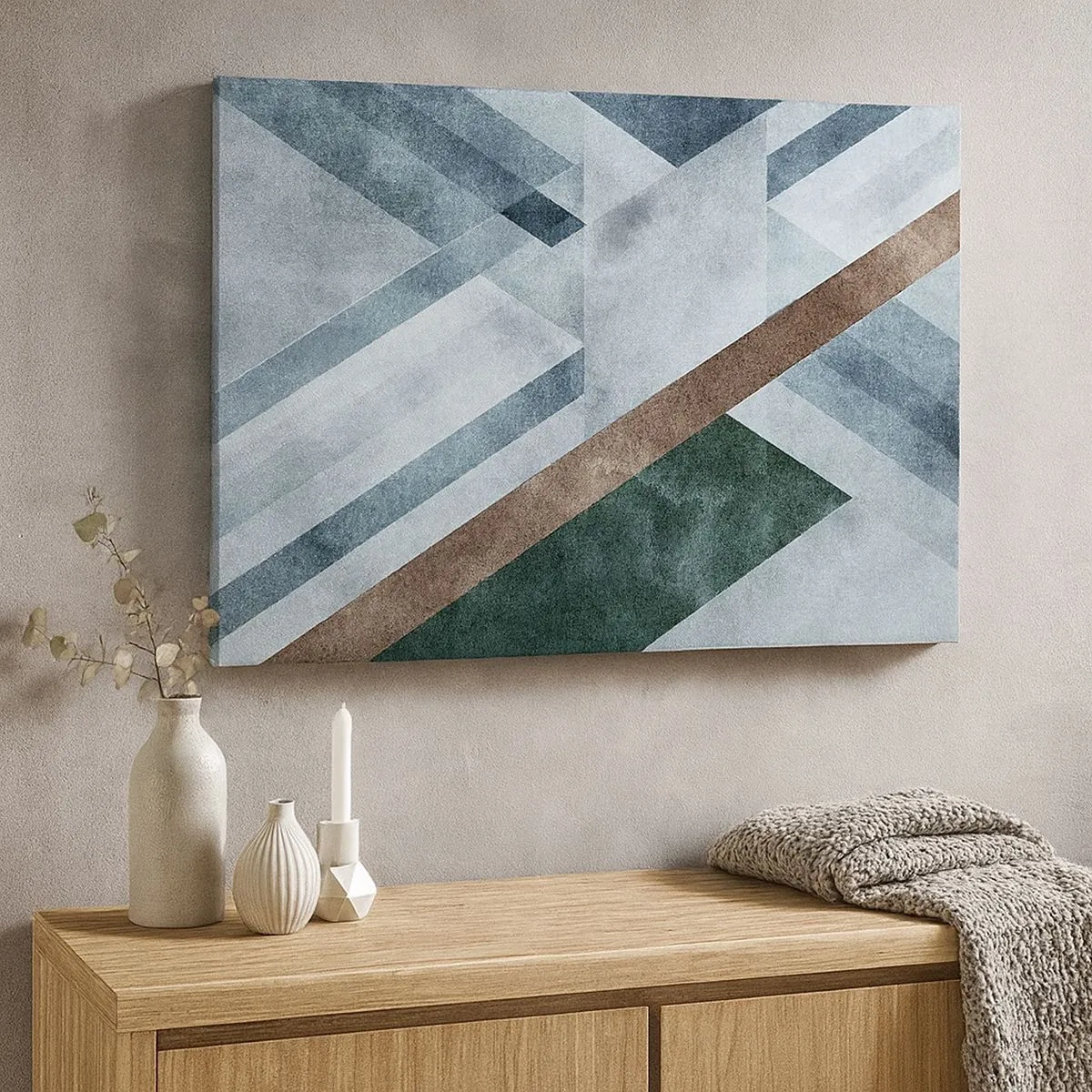 Lærredstryk - Billede på lærred - Geometriske former i kølige nuancer af blå og brun - 70x50cm - Sofistikeret elegance i geometri - Moderne vægdekoration til stue og soveværelse ARTTOR