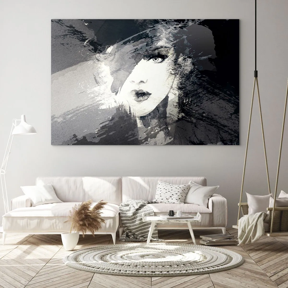 Billede på glas - En kvindes ansigt er delvist dækket af abstrakte grå pletter. - 70x50cm - Bag et gråt slør - Moderne vægdekoration til stue og soveværelse ARTTOR