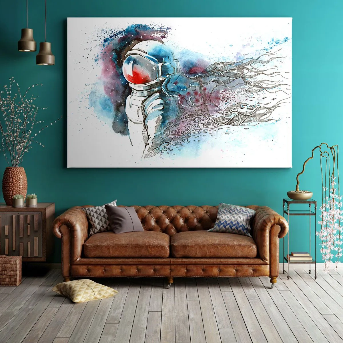 Lærredstryk - Billede på lærred - En kosmonaut i en dynamisk akvarel med kosmiske detaljer - 70x50cm - Alene med kosmos - Moderne vægdekoration til stue og soveværelse ARTTOR