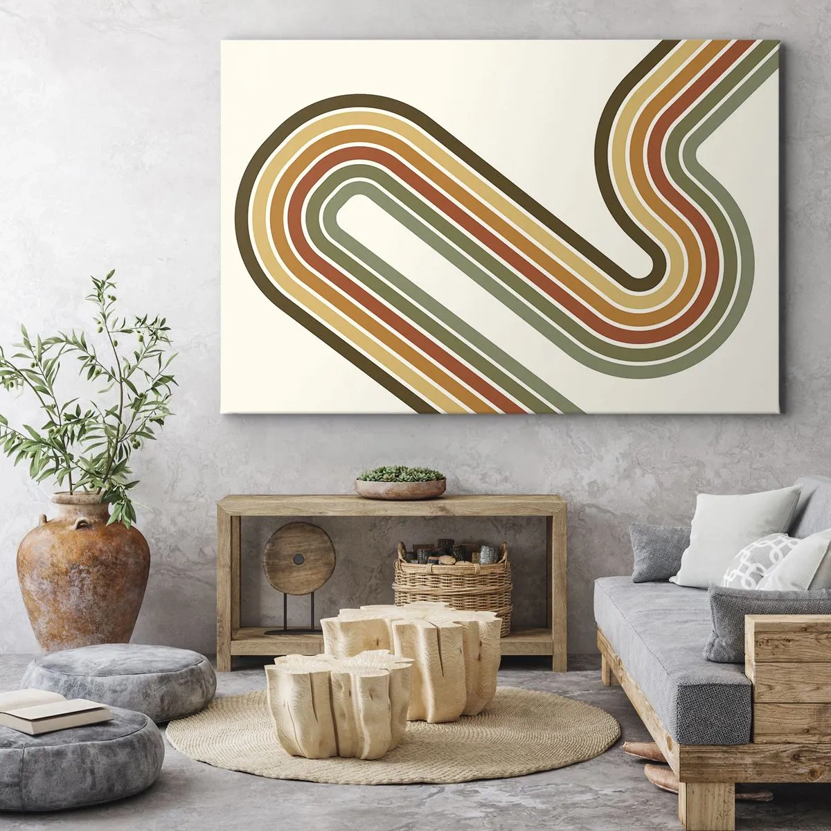 Lærredstryk - Billede på lærred - Geometrisk mønster i nuancer af grønt, orange og beige på en lys baggrund - 70x50cm - Zigzag til destinationen - Moderne vægdekoration til stue og soveværelse ARTTOR