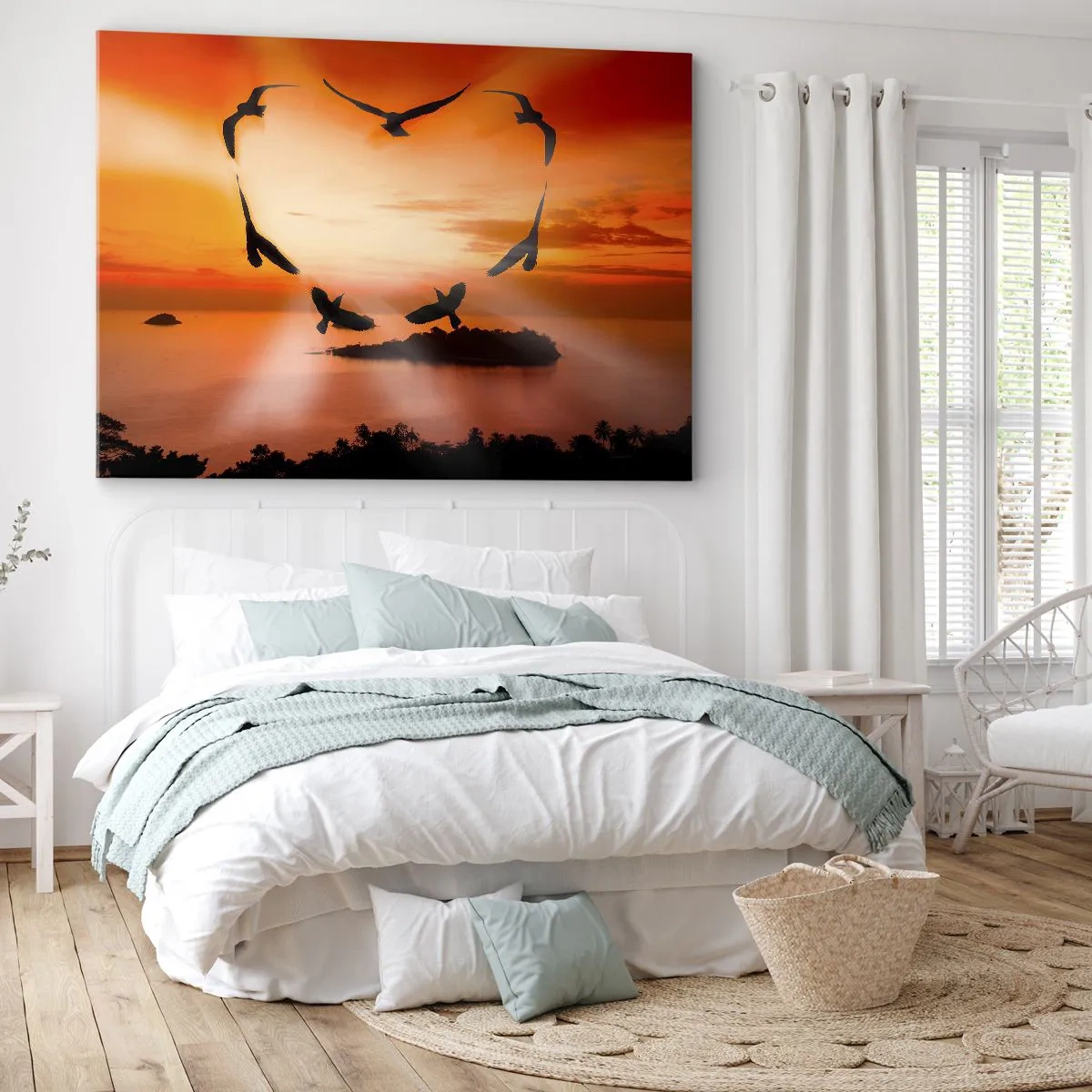 Lærredstryk - Billede på lærred - Fugle danner et hjerte mod baggrunden af den nedgående sol - 70x50cm - Elsk verden som en fugl - Moderne vægdekoration til stue og soveværelse ARTTOR