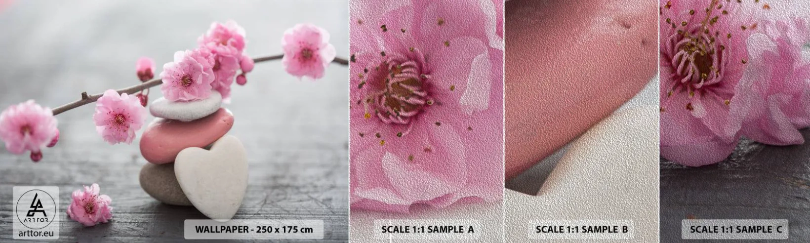 Prøve Fototapet Premium Sand - Kirsebærblomstens lyksalighed - Hjerte, Blomst, Sten - 100x30 cm