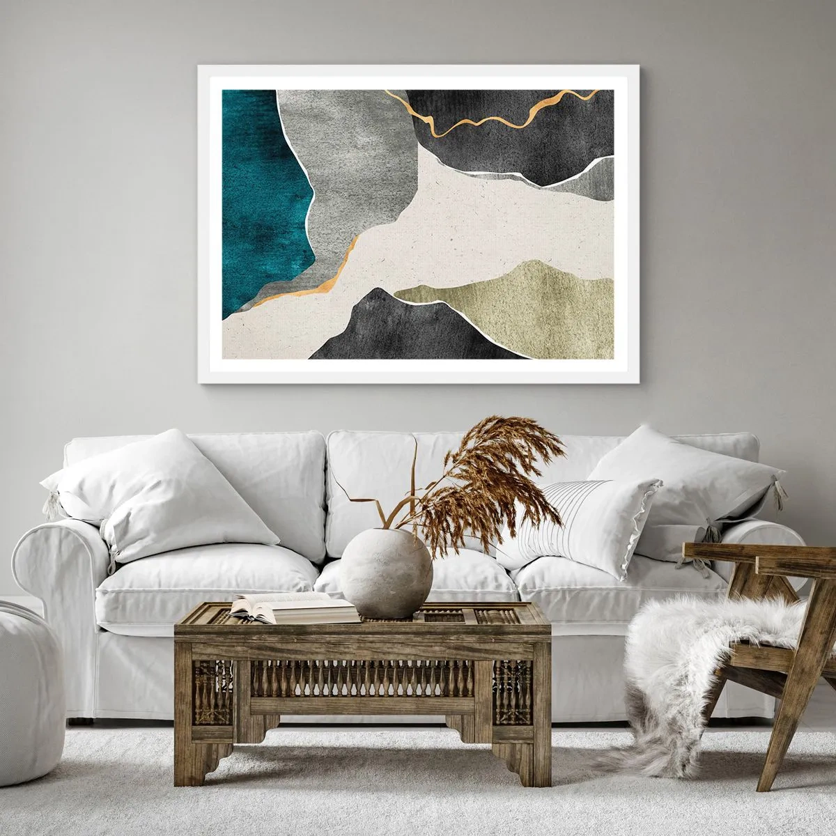 Plakat i hvid ramme - Mosaikkomposition med en streng af guld - 40x40 cm