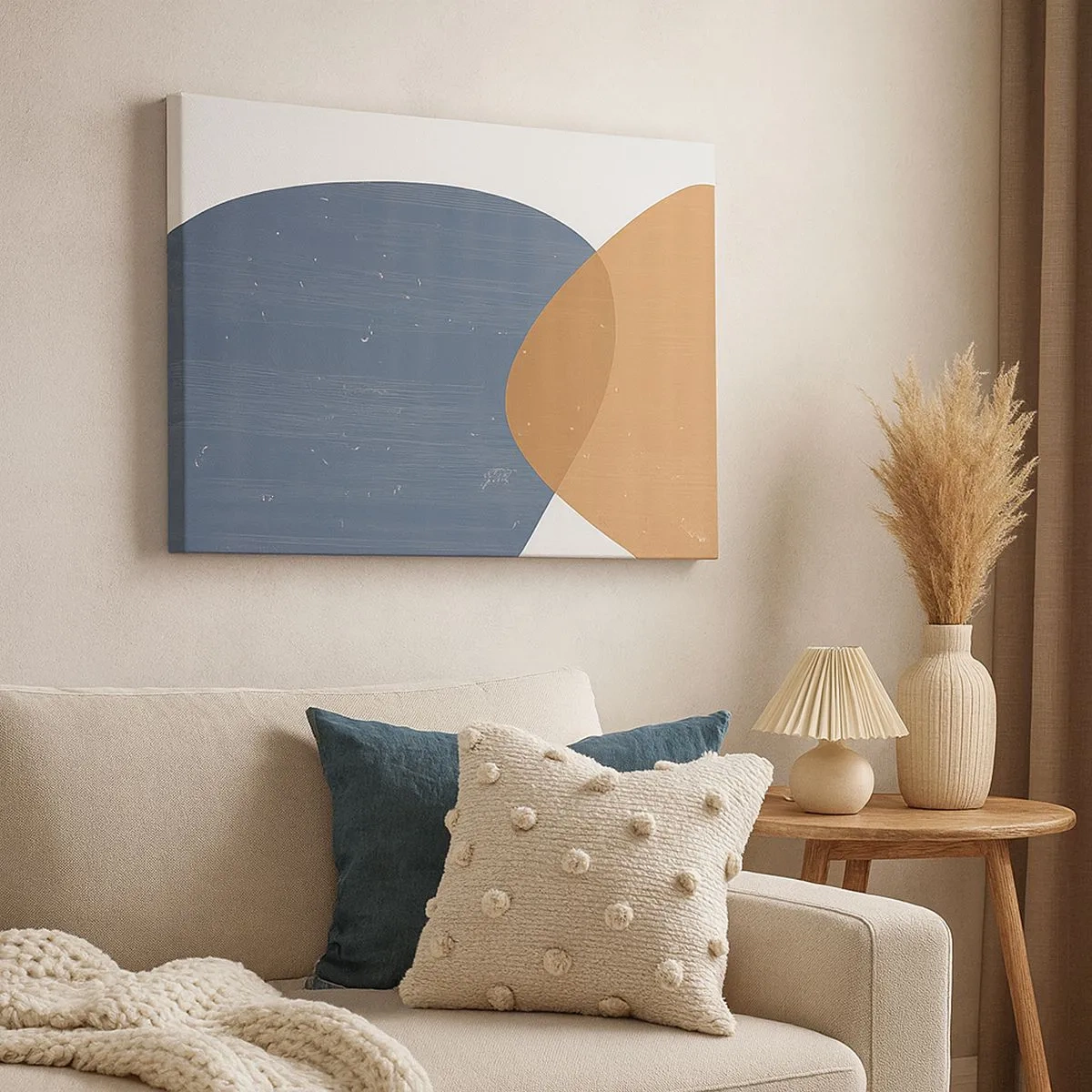 Lærredstryk - Billede på lærred - En minimalistisk geometrisk komposition i nuancer af blå og orange. - 70x50cm - Ovaler og påvirkninger - Moderne vægdekoration til stue og soveværelse ARTTOR