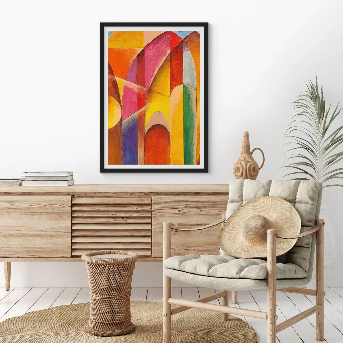 Plakat i sort ramme - Farverig abstraktion med geometriske former - 50x70cm - Solens katedral - Moderne vægdekoration til stue og soveværelse ARTTOR