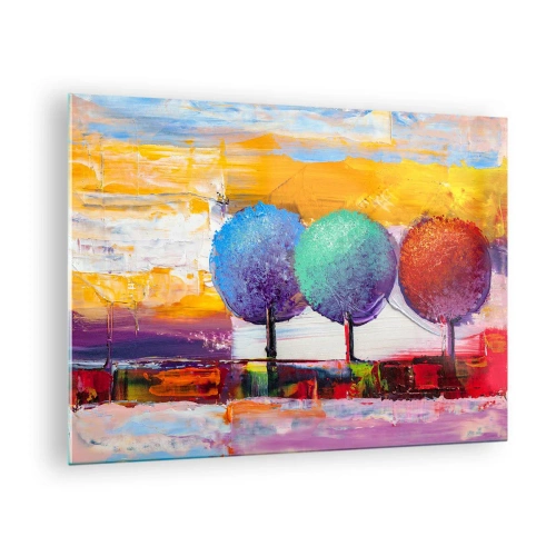 Billede på glas - Farverige abstrakte træer på en intens baggrund - 70x50cm - Tredje gang er lykkens gang - Moderne vægdekoration til stue og soveværelse ARTTOR