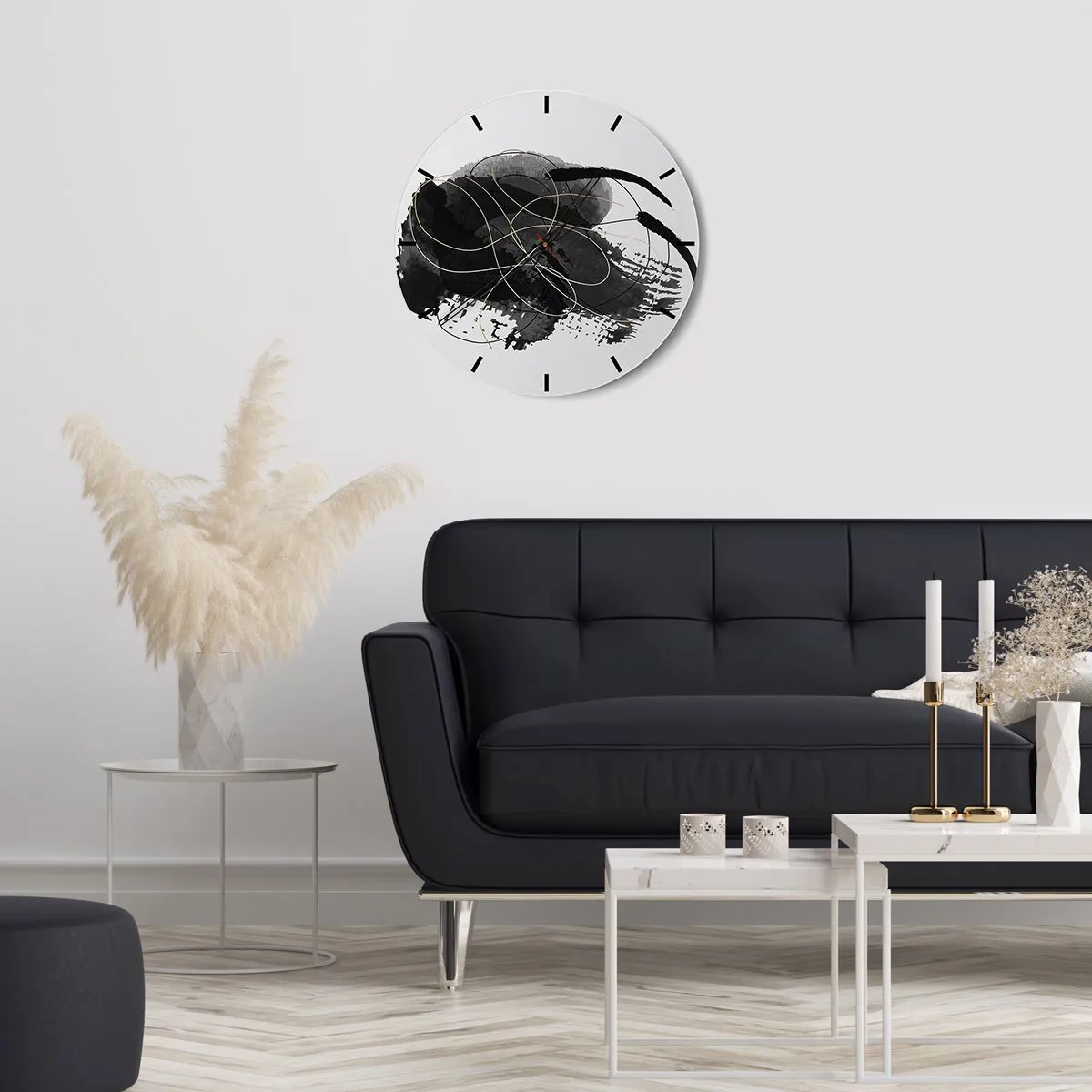 Vægur, Uret - Abstrakt komposition af sorte og gyldne linjer - 30x30cm - Kom frem fra det sorte - Moderne vægdekoration til stue, køkken og soveværelse ARTTOR