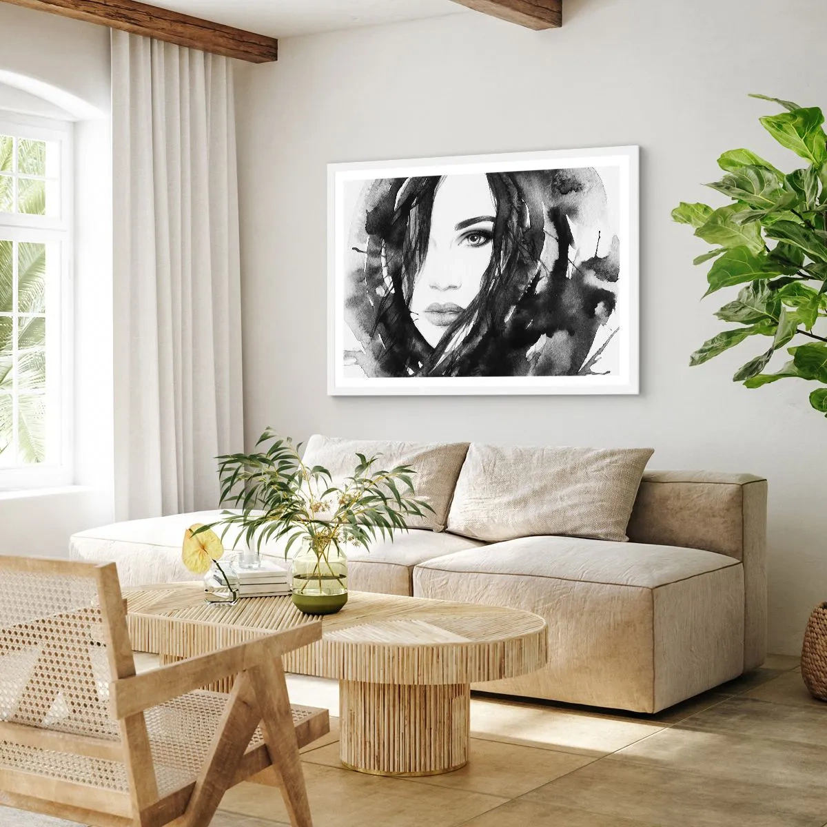 Plakat i hvid ramme - Portræt af en dame i sort og hvidt - 70x50 cm