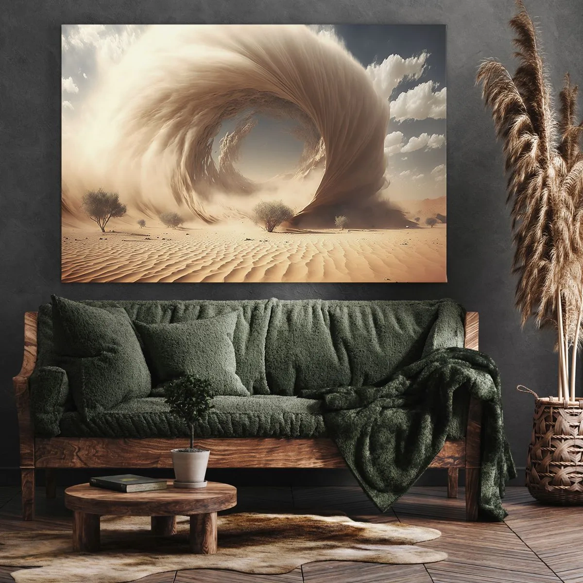Lærredstryk - Billede på lærred - Dynamisk sandhvirvel i en ørken med træer - 70x50cm - Åben portal - Moderne vægdekoration til stue og soveværelse ARTTOR