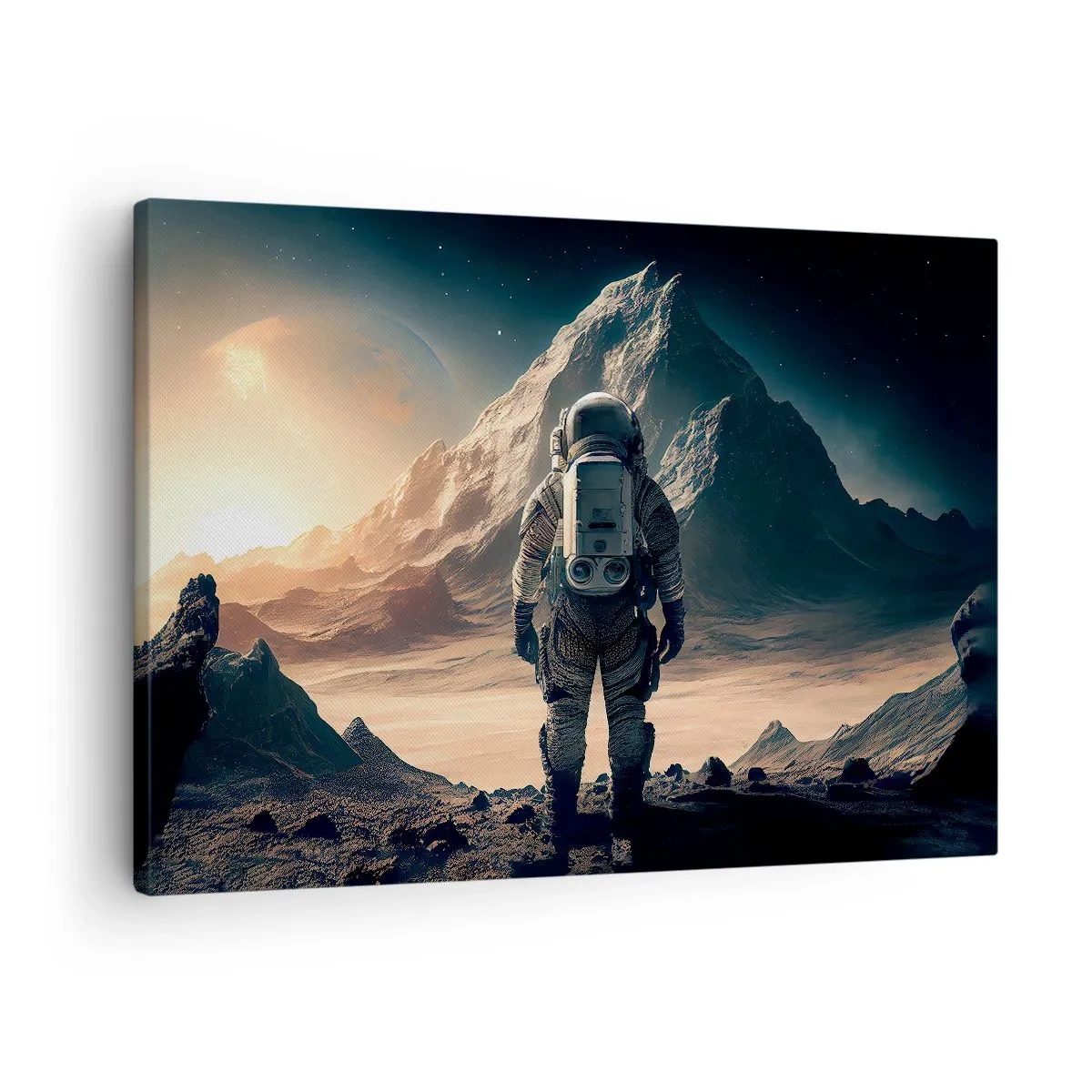 Lærredstryk - Billede på lærred - Astronaut mod en baggrund af majestætiske bjerge - 70x50cm - En ny udfordring - Moderne vægdekoration til stue og soveværelse ARTTOR