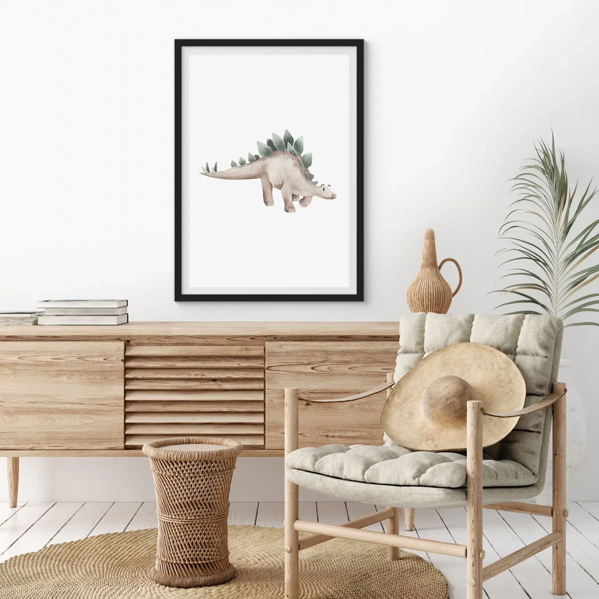 Plakat i sort ramme - Akvarel dinosaur i minimalistisk stil - 50x70cm - Din ven - Moderne vægdekoration til stue og soveværelse ARTTOR