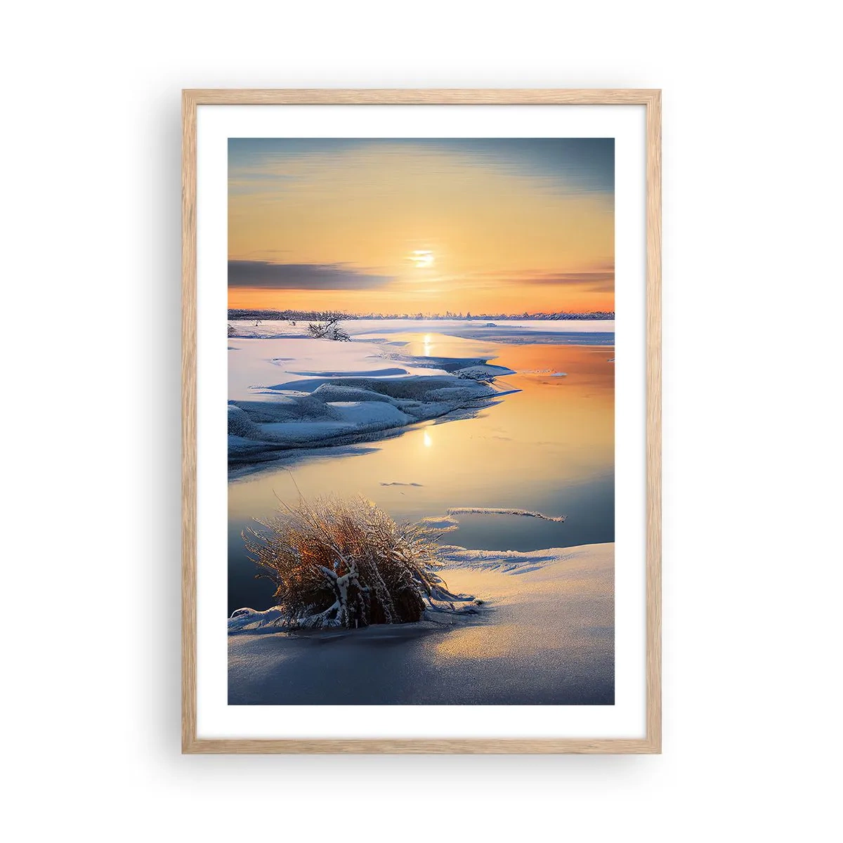 Plakat i ramme af lyst egetræ - Vintersolnedgang - 50x70 cm