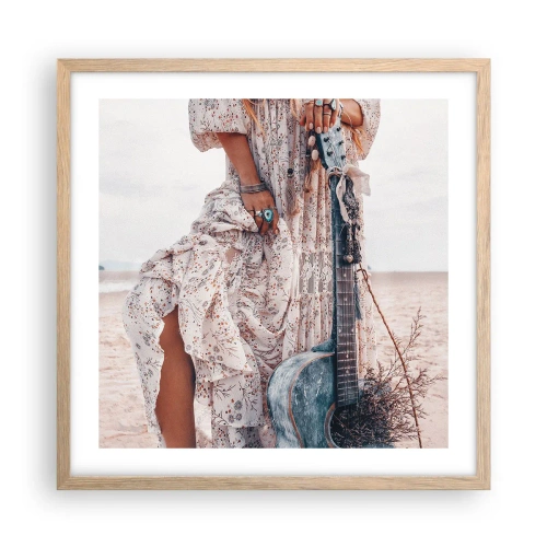 Plakat i ramme af lyst egetræ - Børn blomster på vej - 50x50 cm