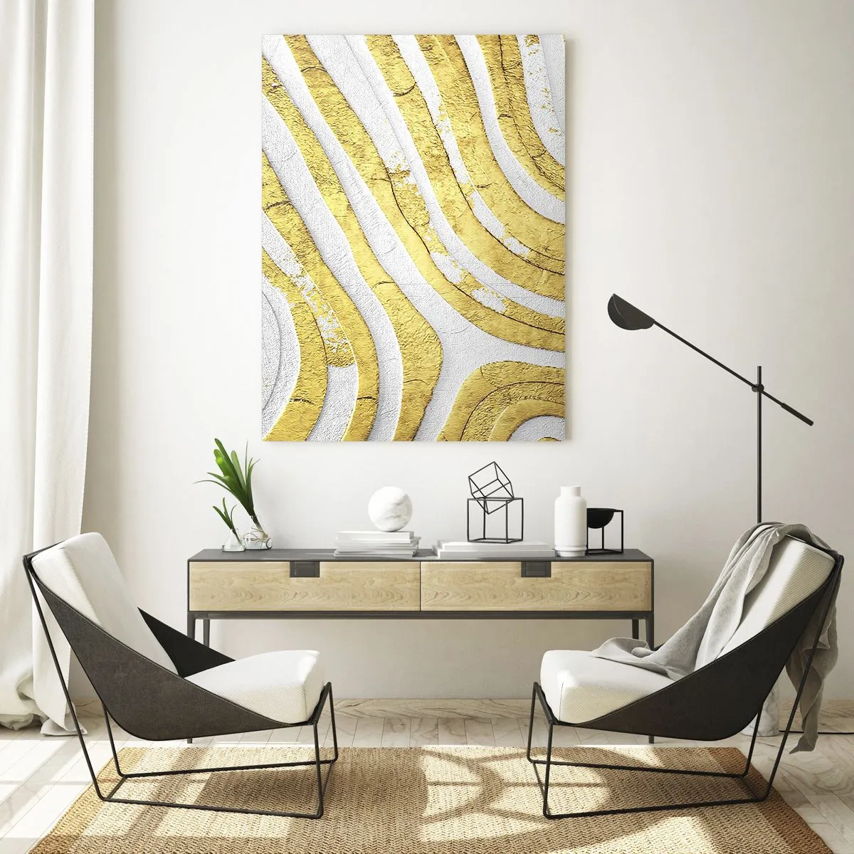 Billede på glas - Sammensætning i hvidt og guld - 50x70 cm