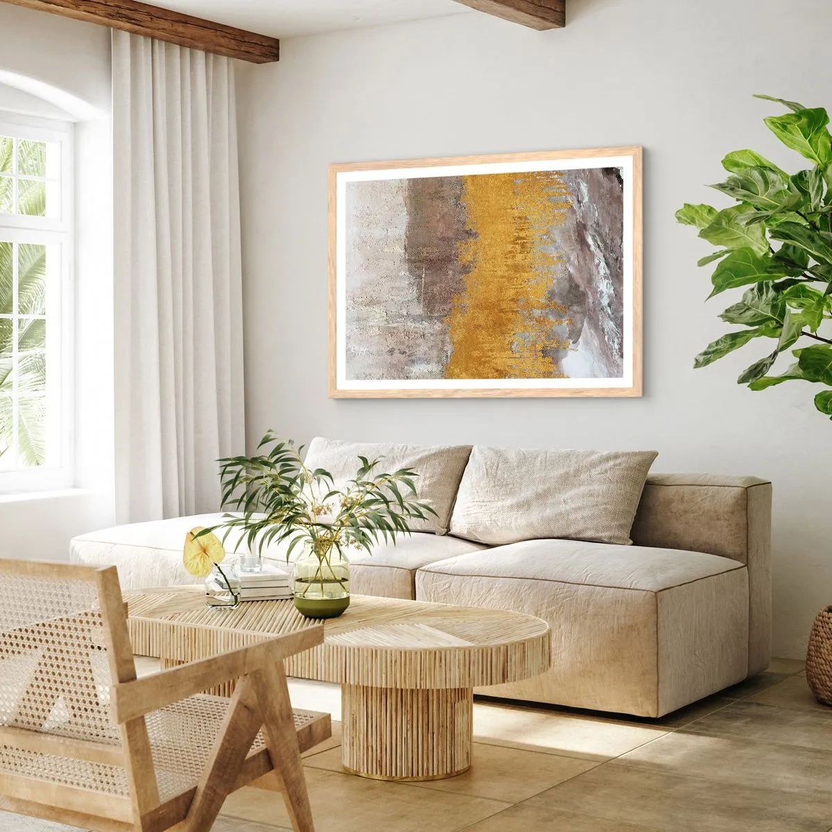 Plakat i ramme af lyst egetræ - En gylden eksplosion - 91x61 cm