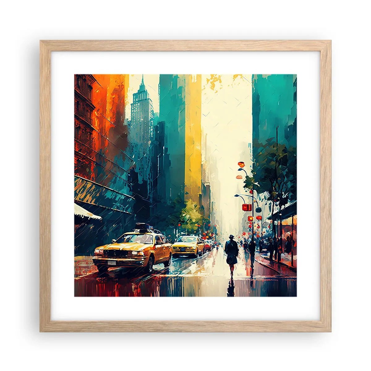 Plakat i ramme af lyst egetræ - New York - her er selv regnen farverig - 40x40 cm