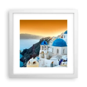 Plakat i hvid ramme - Santorini - omfavnet af klipperne - 30x30 cm