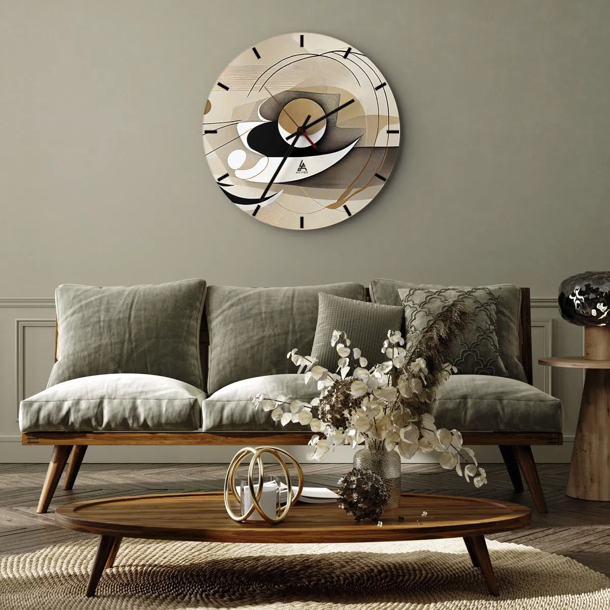 Vægur, Uret - En geometrisk komposition med buer og former i beige nuancer. - 30x30cm - Komposition: essensen af ting - Moderne vægdekoration til stue, køkken og soveværelse ARTTOR