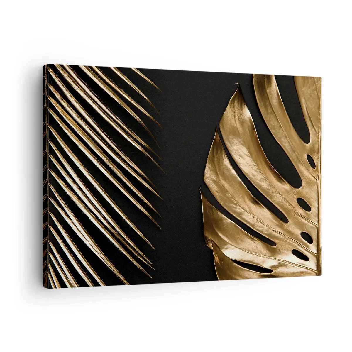 Lærredstryk - Billede på lærred - Gyldne blade på en sort baggrund - 70x50cm - Forskellige, og lige dyre - Moderne vægdekoration til stue og soveværelse ARTTOR