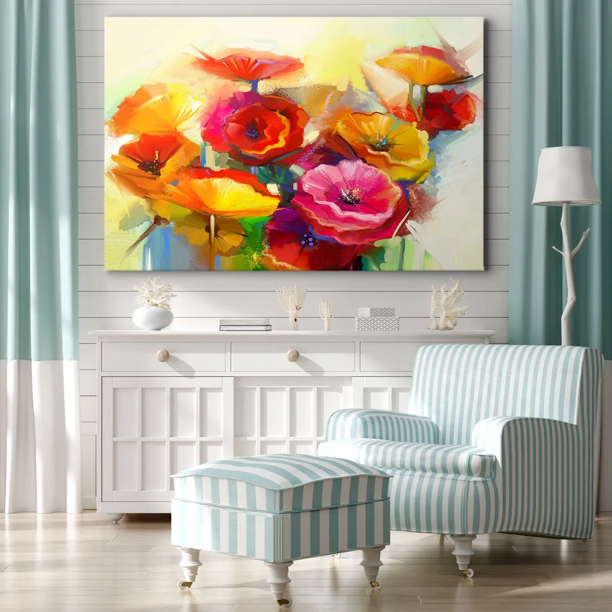 Lærredstryk - Billede på lærred - Farverige abstrakte blomster på en lys baggrund - 70x50cm - Ikke kun rødt - Moderne vægdekoration til stue og soveværelse ARTTOR