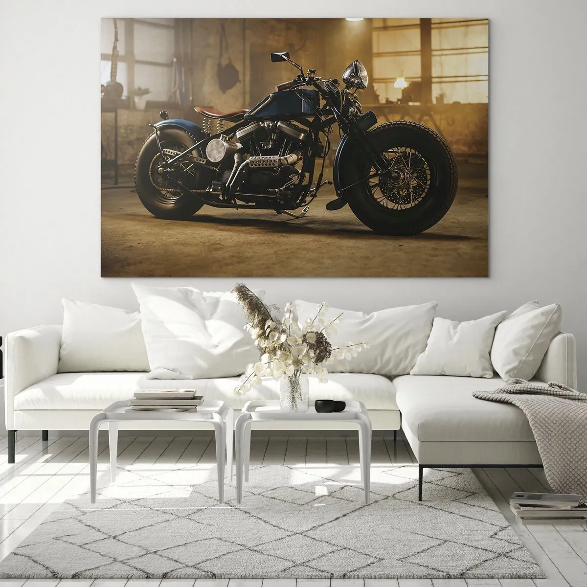 Billede på glas - Atmosfærisk billede af en klassisk motorcykel i en garage - 70x50cm - Jeg kan gøre alt - Moderne vægdekoration til stue og soveværelse ARTTOR