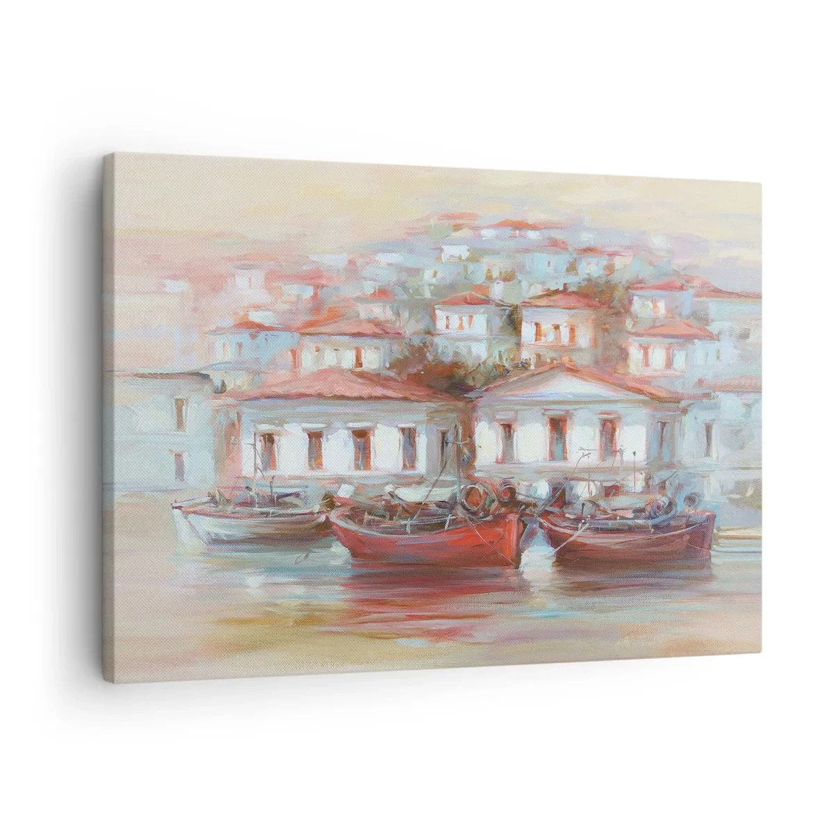 Lærredstryk - Billede på lærred - Farverige både og maleriske bygninger ved vandet i pastelfarver - 70x50cm - Lykkelig by - Moderne vægdekoration til stue og soveværelse ARTTOR