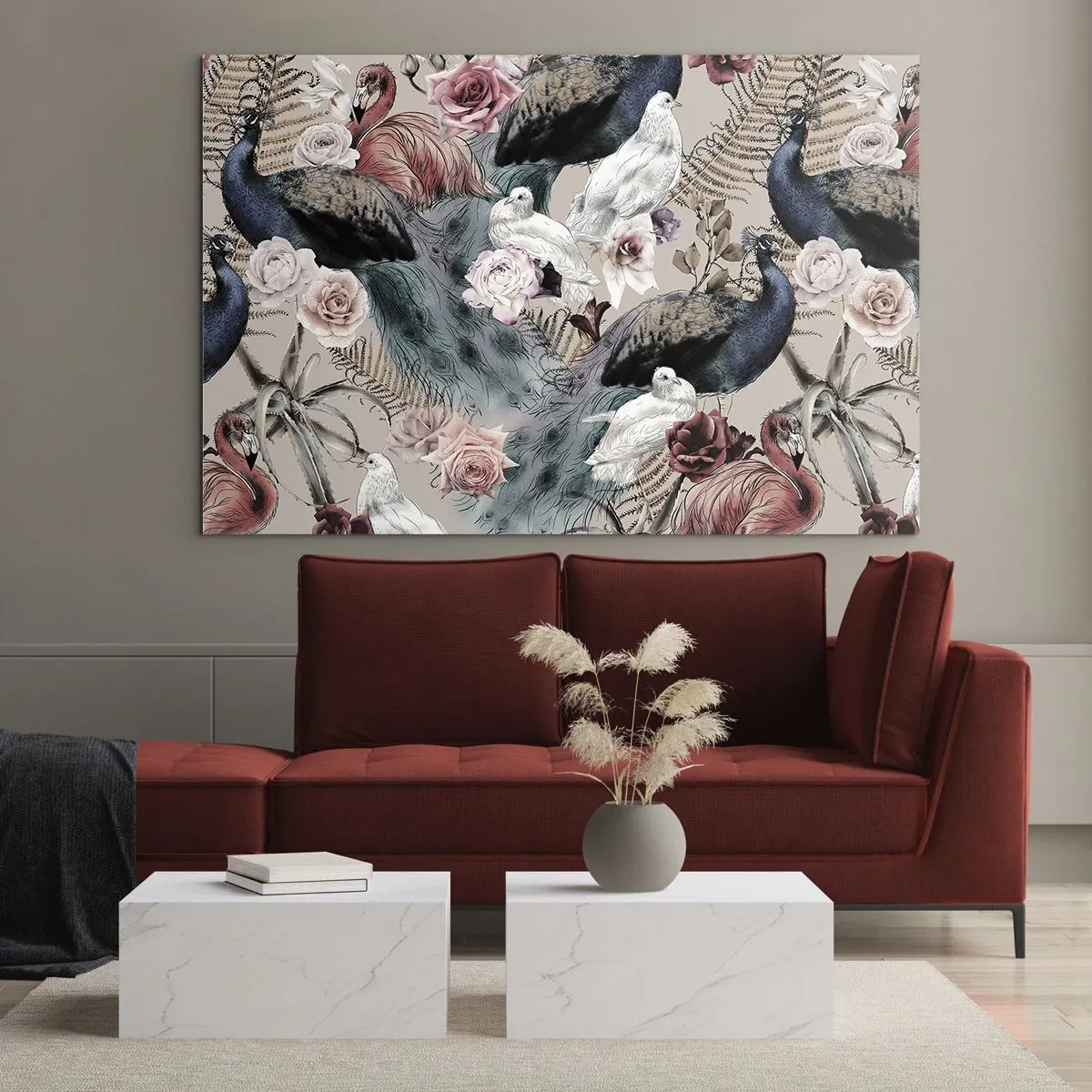 Billede på glas - Påfugle og flamingoer omgivet af roser og bregner - 70x50cm - I paladsets have - Moderne vægdekoration til stue og soveværelse ARTTOR