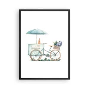 Plakat i sort ramme - Akvarel illustration af en cykel med is og blomster - 50x70cm - Sødt minde om sommeren - Moderne vægdekoration til stue og soveværelse ARTTOR