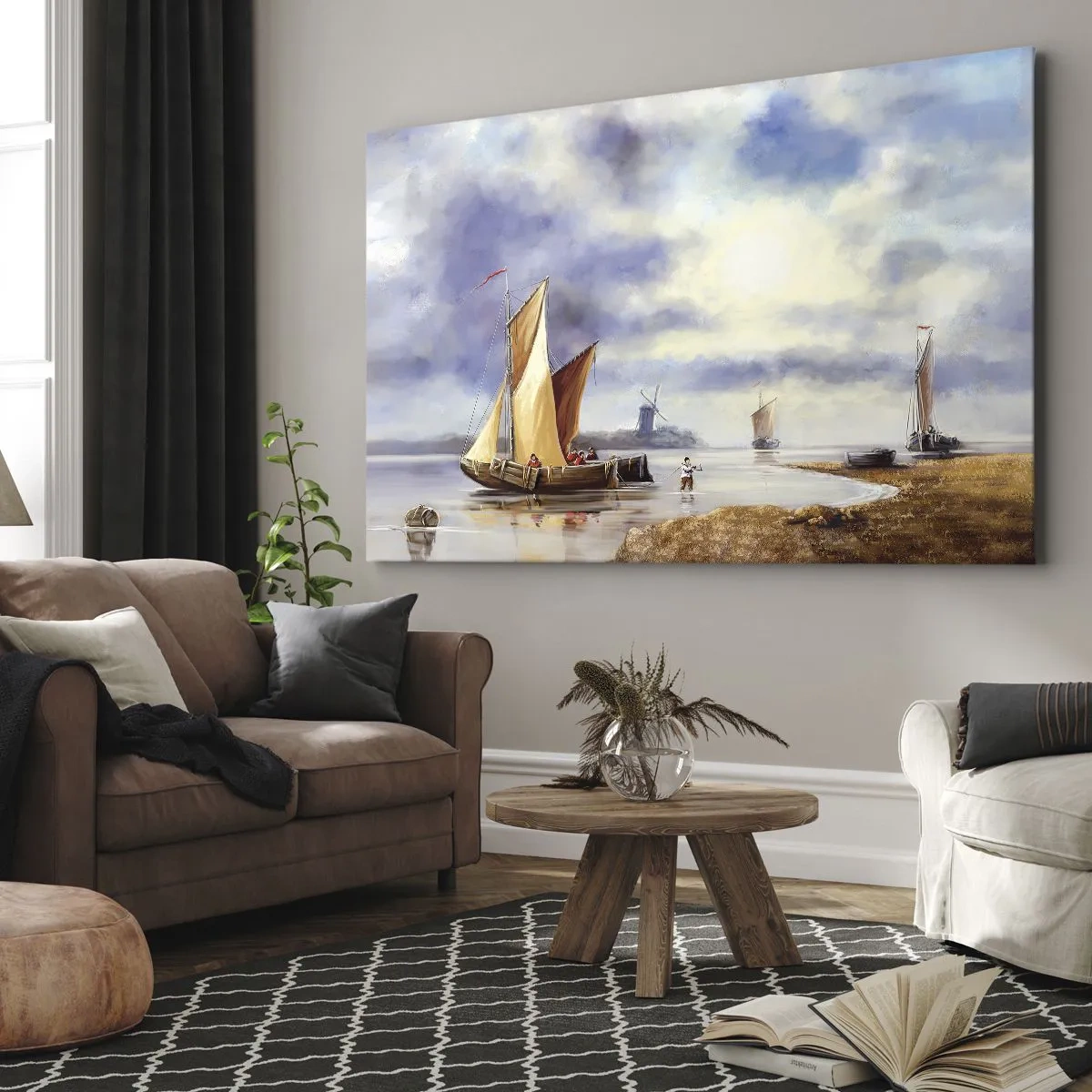 Lærredstryk - Billede på lærred - Sejlbåde på roligt vand med vindmøller i baggrunden - 70x50cm - Sømændenes tilbagevenden - Moderne vægdekoration til stue og soveværelse ARTTOR