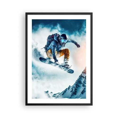 Plakat i sort ramme - En snowboarder flyver hen over en snedækket bjergtop - 50x70cm - Ekstreme følelser - Moderne vægdekoration til stue og soveværelse ARTTOR